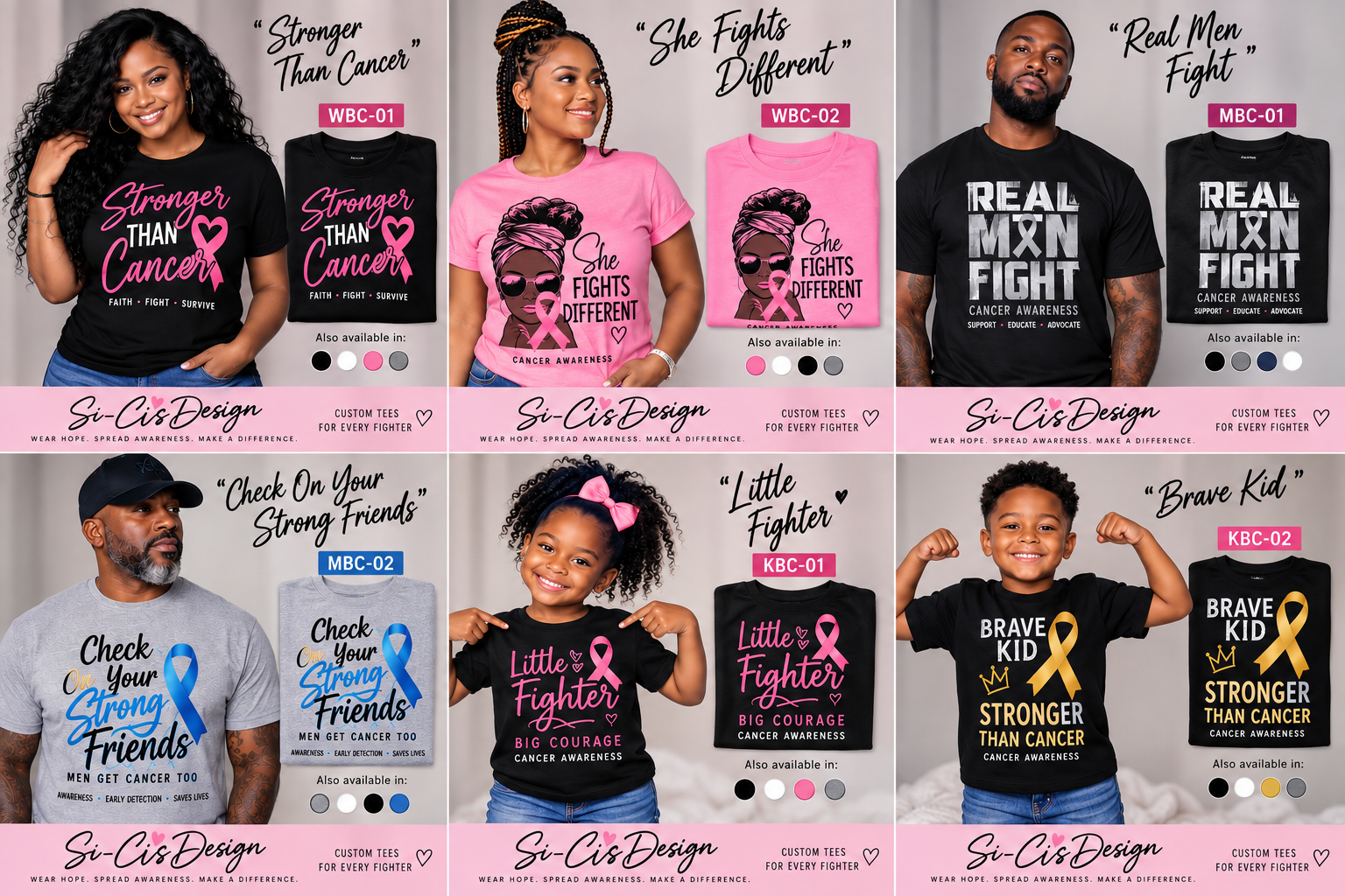 Models wearing Si-Ci's Design cancer awareness shirt collection