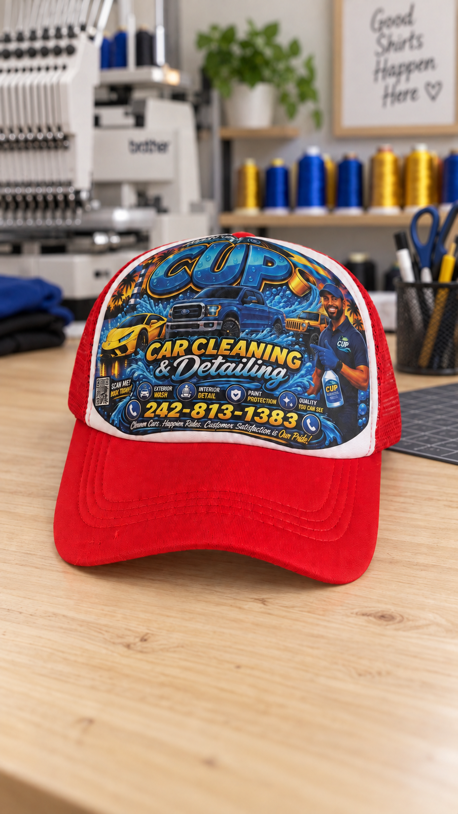 Red and white custom CUP Car Cleaning and Detailing cap