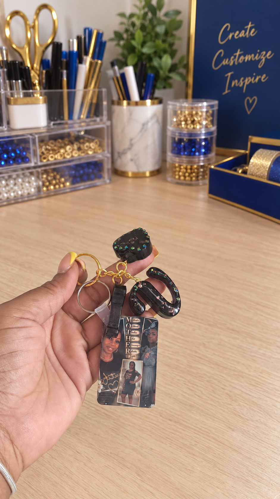 Black and gold personalized Mother photo keychain