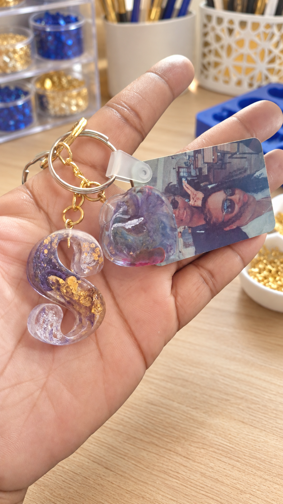 Purple and gold resin letter and photo keychain