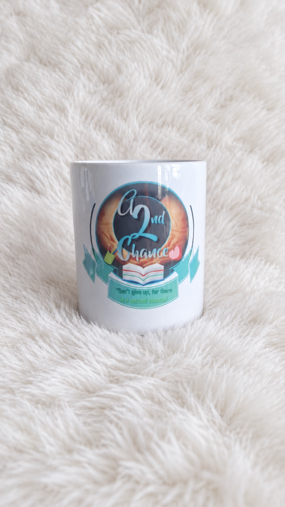 Personalized A Second Chance mug on a white plush rug